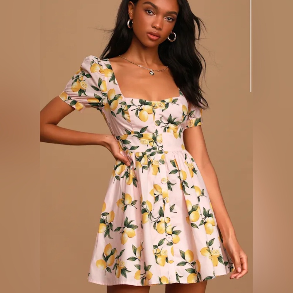 Lulu's Lemon Print Midi Dress with Puff Sleeves